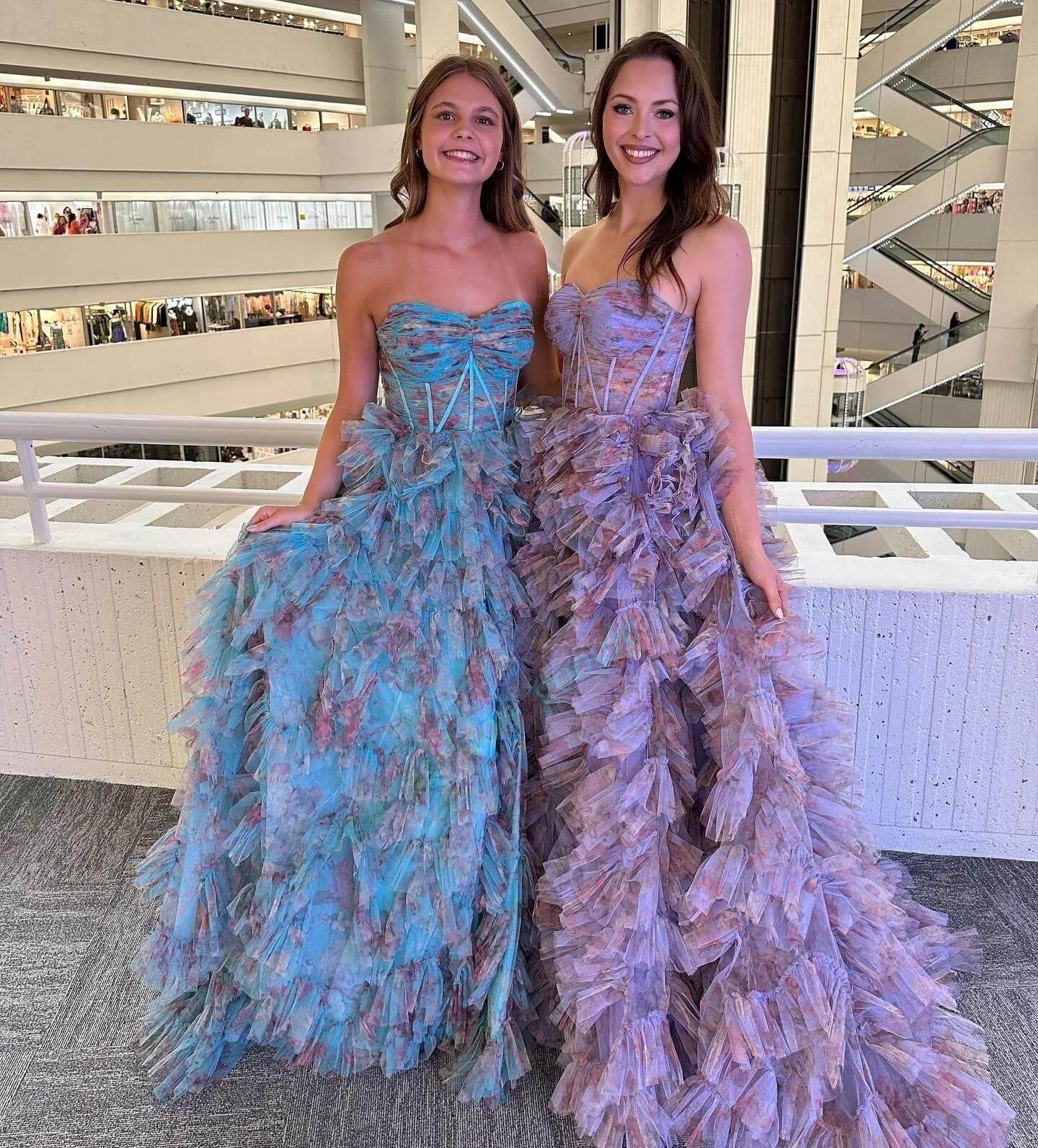 Bodice Printed Floral Prom Dress Strapless Fitted Layered Evening Gown