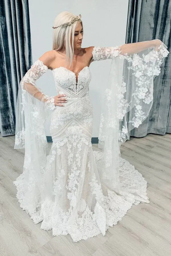 Boho Lace Mermaid Wedding Dress Sweetheart Bell Sleeves