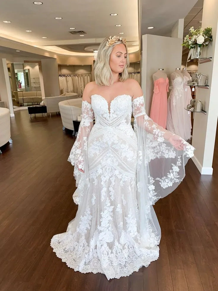 Boho Lace Mermaid Wedding Dress Sweetheart Bell Sleeves
