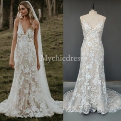 Hot Lace Beach Lace Wedding Dresses Mermaid V Neck Sleeveless