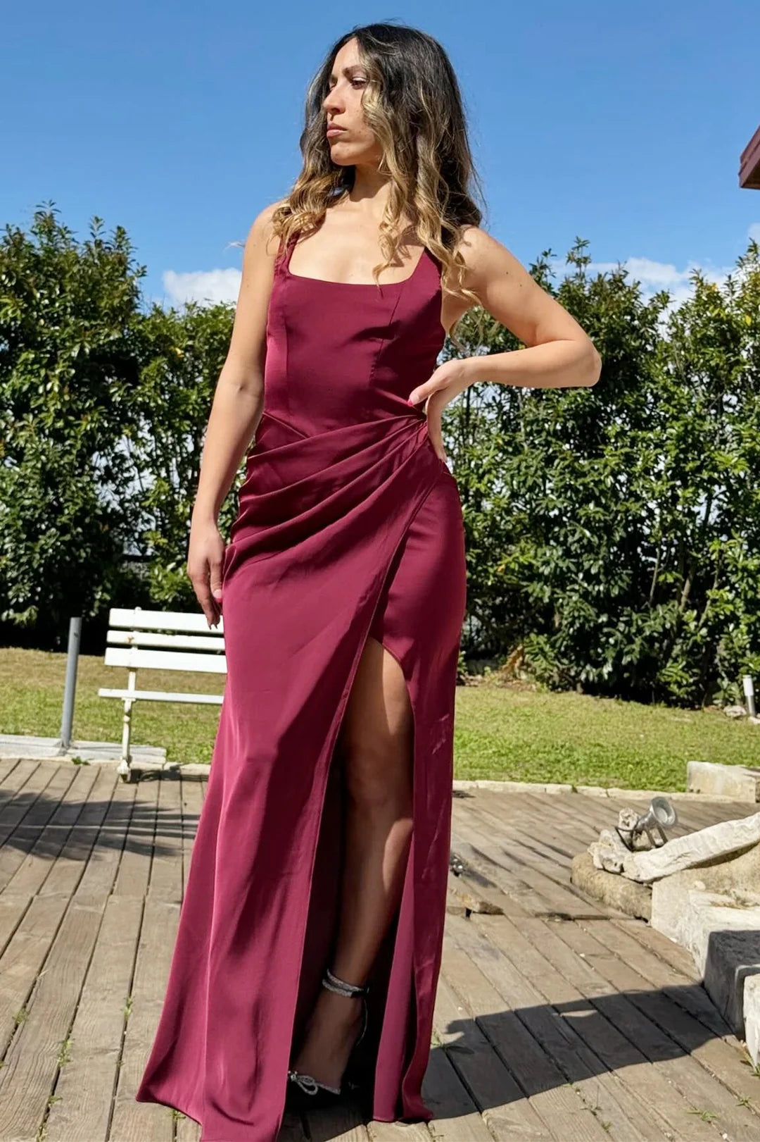 Burgundy Satin Formal Gown for Wedding Guests Maxi Dress Mychicdress