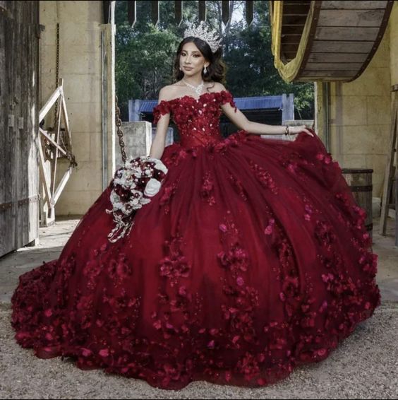 Burgundy Quince Dress Flowers Ball Gown Sweetheart Off the Shoulder - MyChicDress