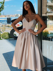 Vestido de baile de cetim rosa sem alças, comprimento do chá, para convidados de casamento, linha A, com bolsos