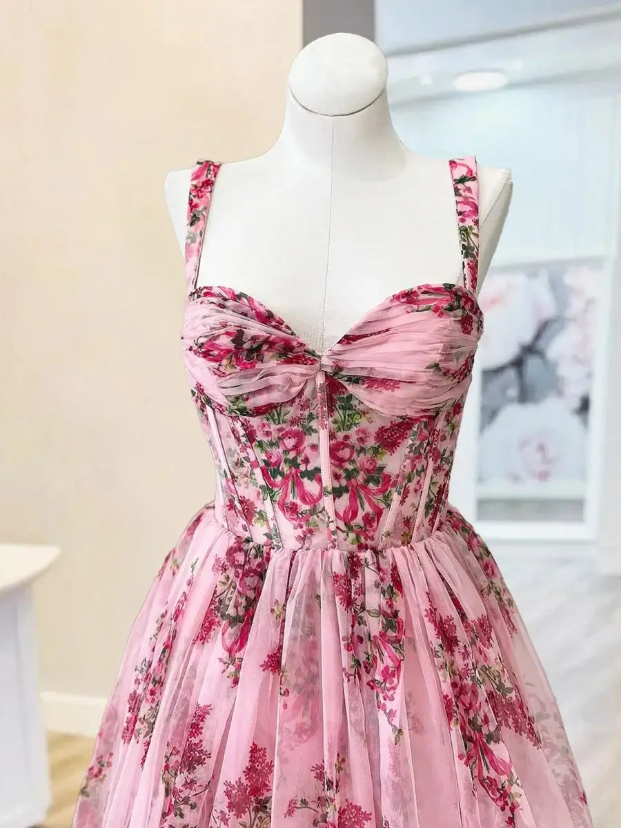 Cheap A Line Floral Pink Prom Dresses Printed Long Evening Gown Mychicdress
