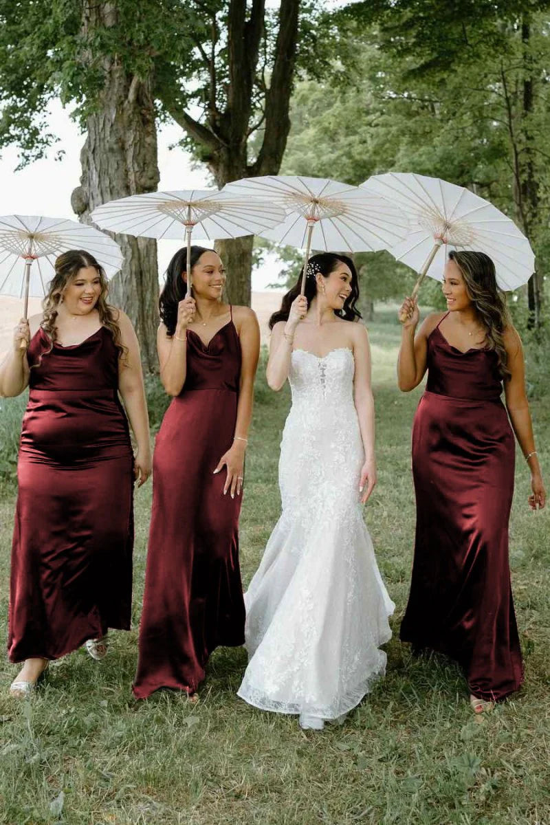 Cheap Beach Burgundy Bridesmaid Dress Silk Satin Maxi Dress