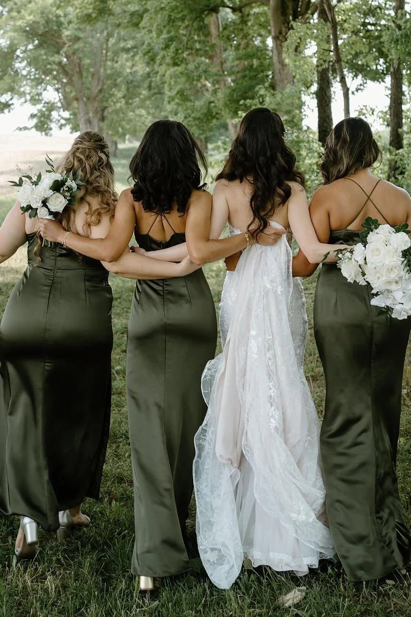 Cheap Beach Hunter Green Bridesmaid Dress Silk Satin Maxi Dress