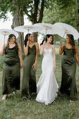 Cheap Beach Hunter Green Bridesmaid Dress Silk Satin Maxi Dress