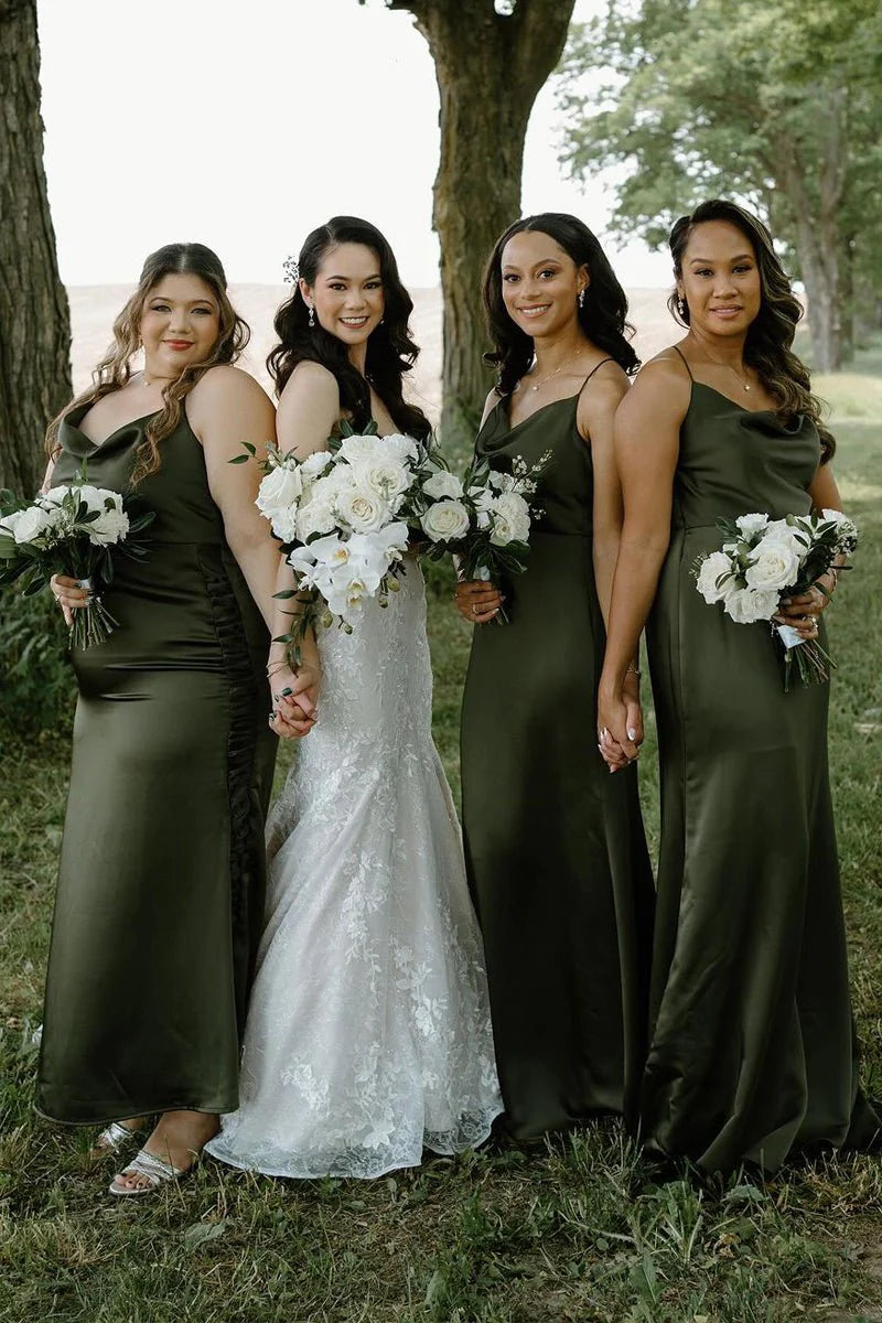 Cheap Beach Hunter Green Bridesmaid Dress Silk Satin Maxi Dress