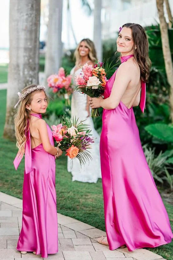 Cheap Halter Satin Bridesmaid Dress hot pink Maxi Guest Dress Mychicdress