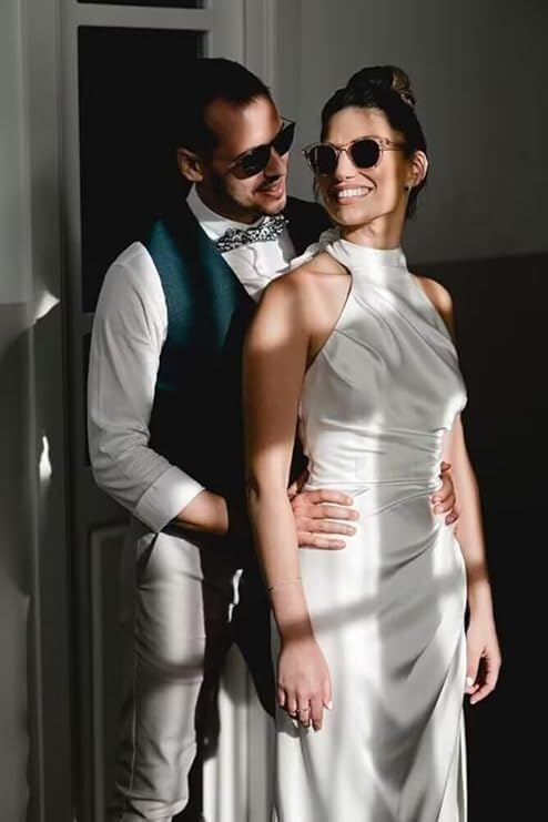 White High Neck Satin Prom Dress UK with Slit Mychicdress