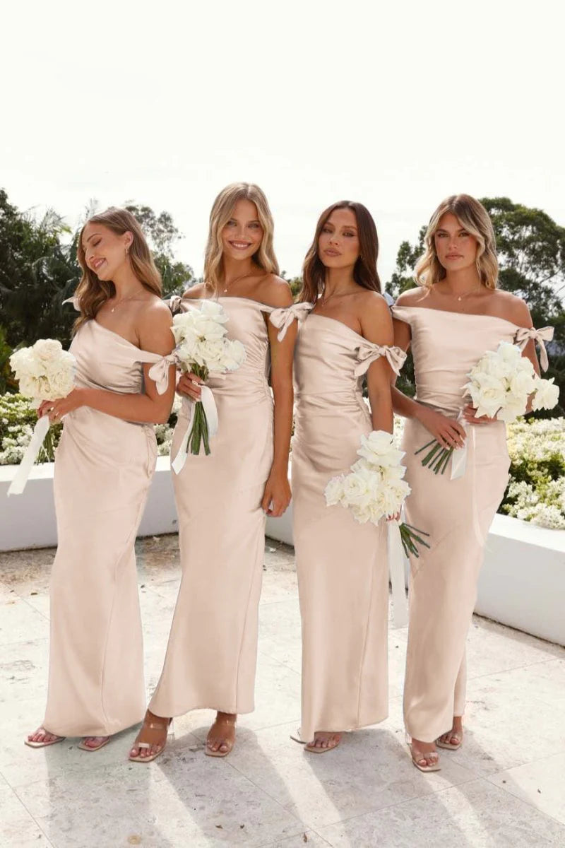 Cheap champagne Bridesmaid Dress Off-Shoulder Sheath Pleated Satin