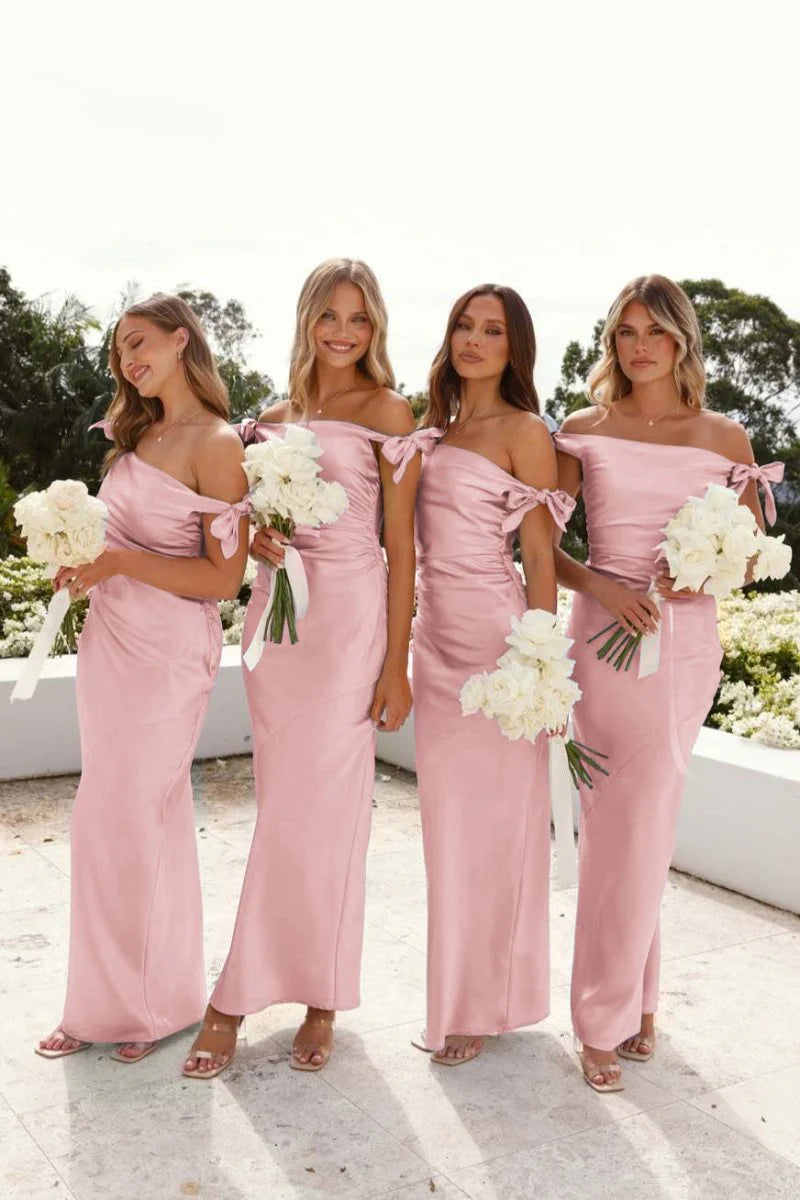 Cheap pink Bridesmaid Dress Off-Shoulder Sheath Pleated Satin