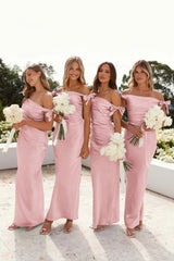 Cheap pink Bridesmaid Dress Off-Shoulder Sheath Pleated Satin