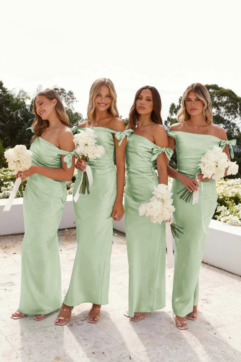 Cheap sage green Bridesmaid Dress Off-Shoulder Sheath Pleated Satin