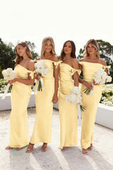Yellow Bridesmaid Dress Off-Shoulder Sheath Pleated Satin