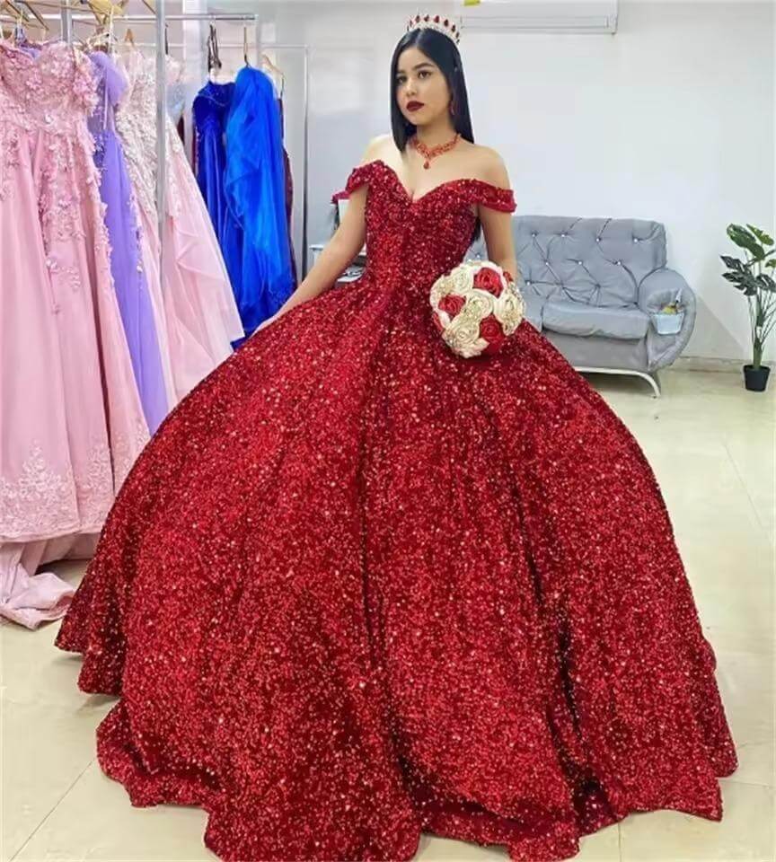 red sparkly gown Cheap Off the Shoulder Sequin Quinceanera 16 Dresses Off the Shoulder