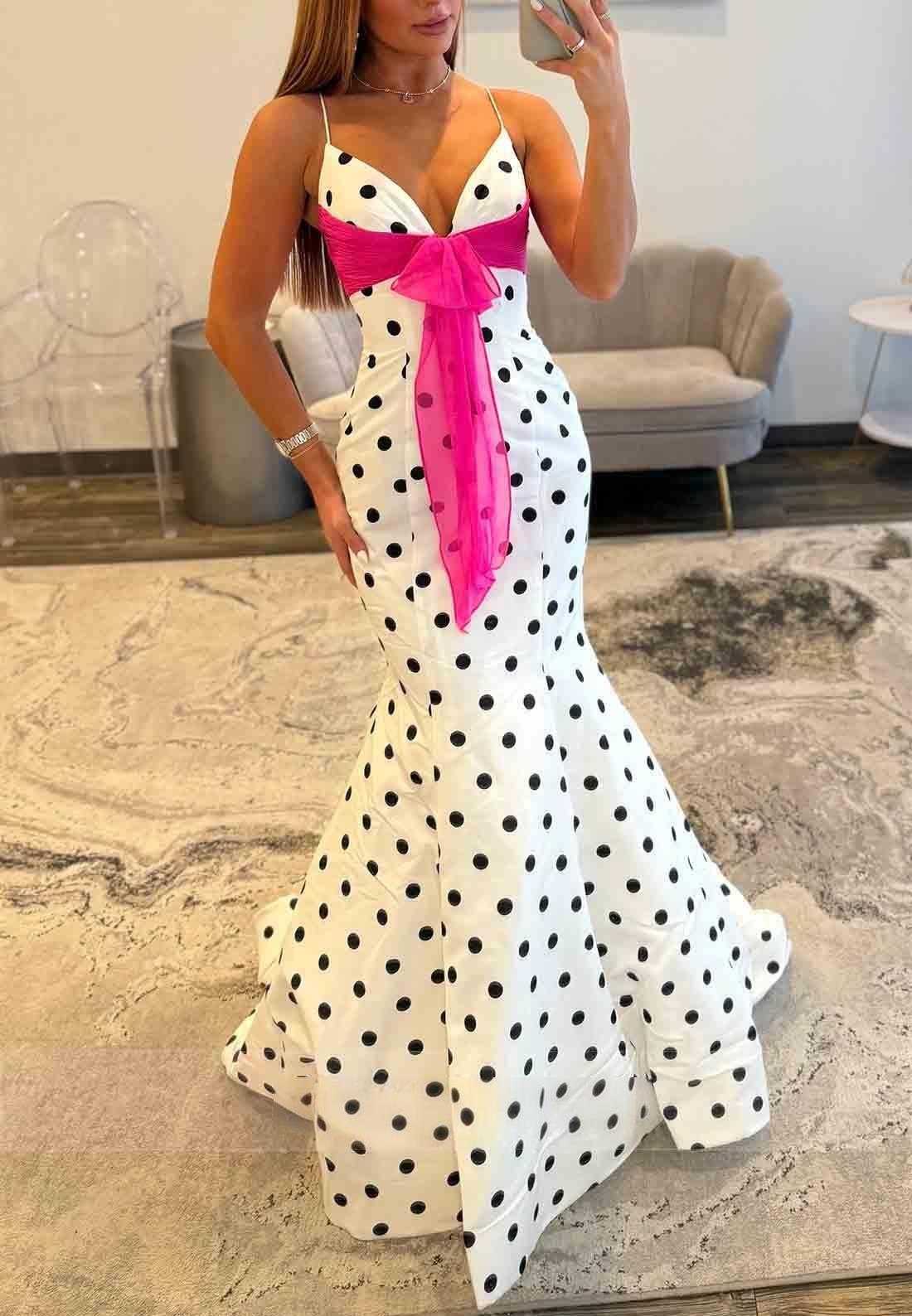 Cheap Polka Dot Prom Dresses Mermaid with pink sash