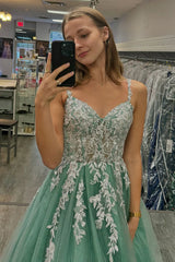 Cheap Sage Green Prom Dresses Lace A Line Tulle Formal Dress