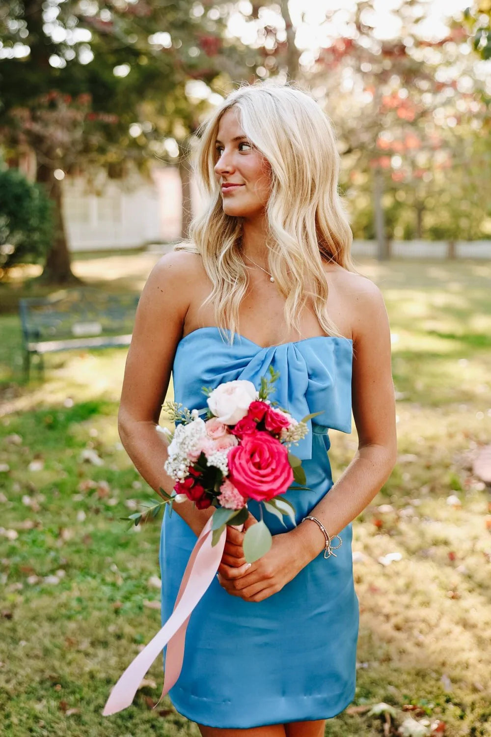 Cheap Satin Strapless Blue Mini Homecoming Dress Mermaid Mychicdress