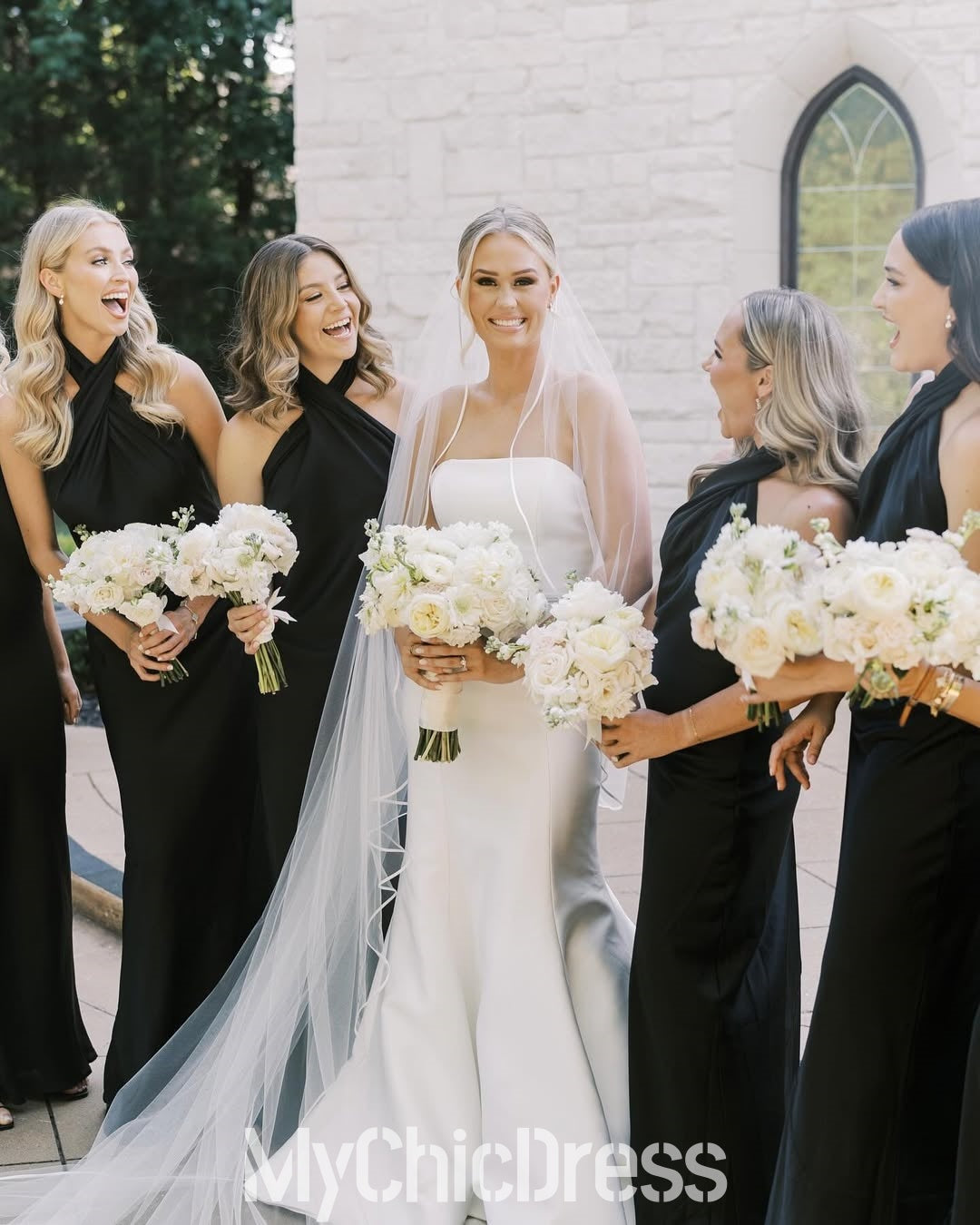 Cheap Sheath Halter Black Bridesmaid Dress Satin Backless Mychicdress