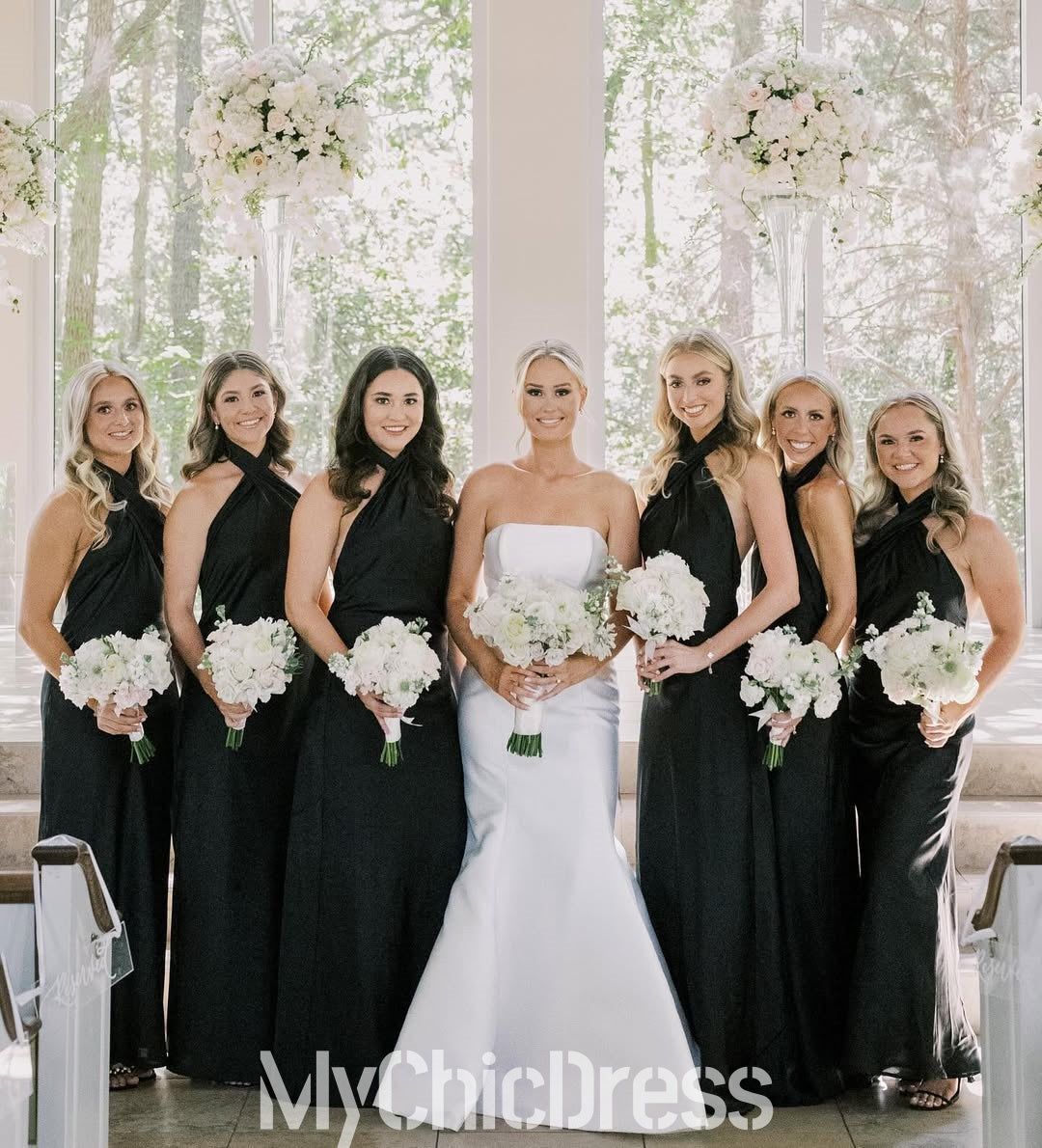 Cheap Sheath Halter Black Bridesmaid Dress Satin Backless Mychicdress