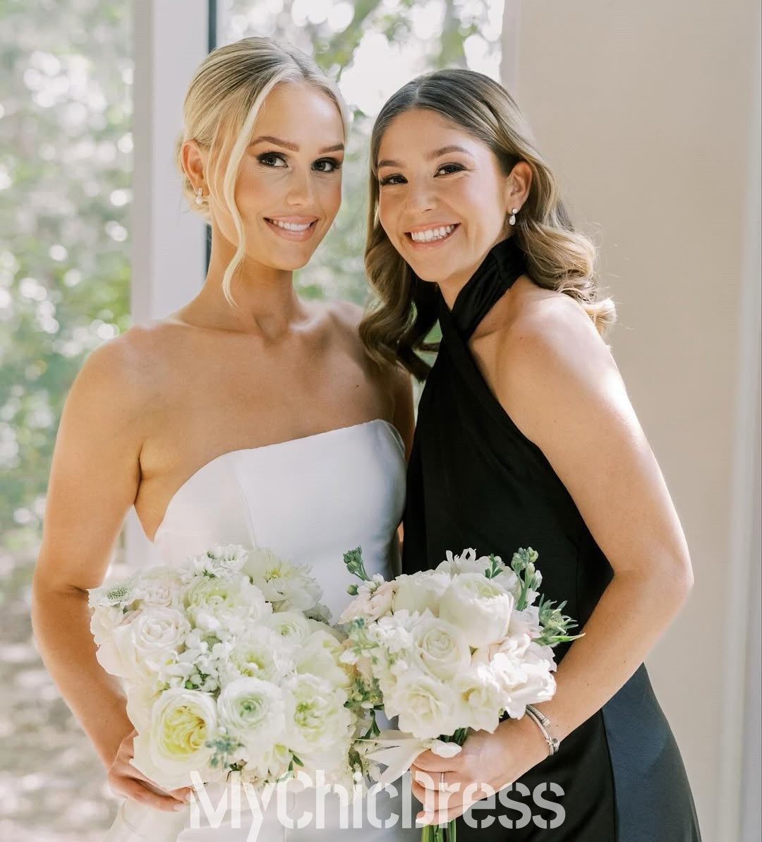 Cheap Sheath Halter Black Bridesmaid Dress Satin Backless Mychicdress