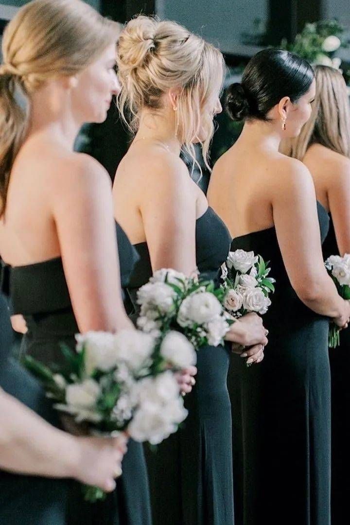 Cheap Strapless Black Bridesmaid Dress Long with Slit