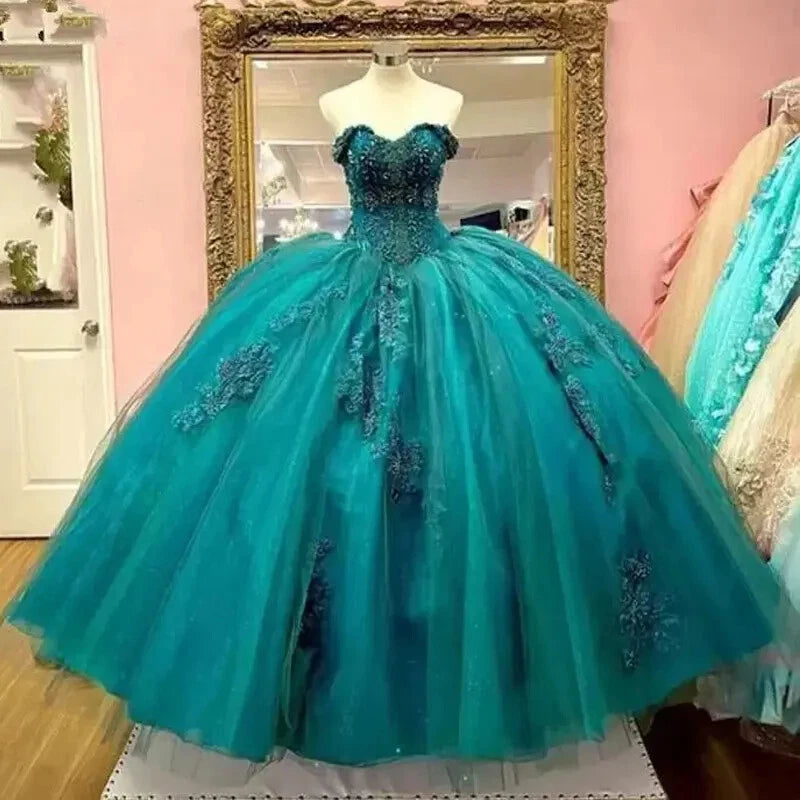 Cheap Turquoise Quinceanera Dresses Off the Shoulder Beaded Applique Mychicdress