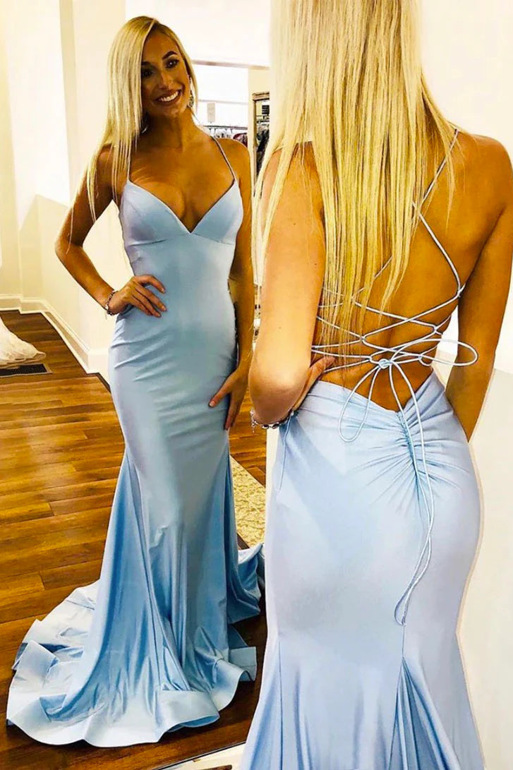 Light Blue Satin Long Prom Dress Mermaid Formal Dress