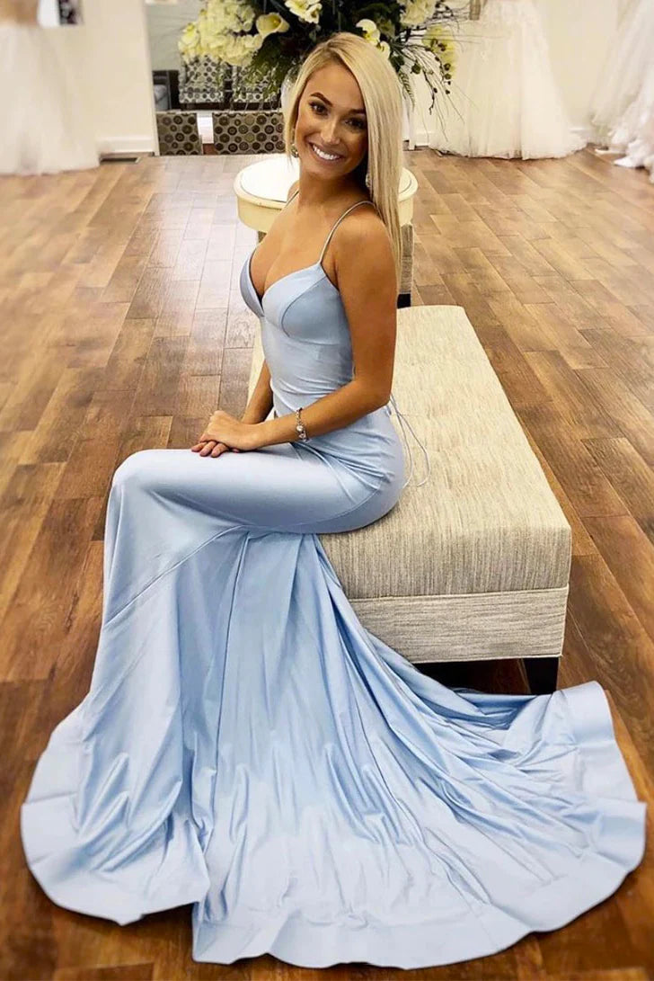 Light Blue Satin Long Prom Dress Mermaid Formal Dress - MyChicDress