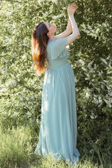 Chiffon Maternity Bridesmaid Dress Dusty Sage V-Neck with Flared Sleeves Mychicdress