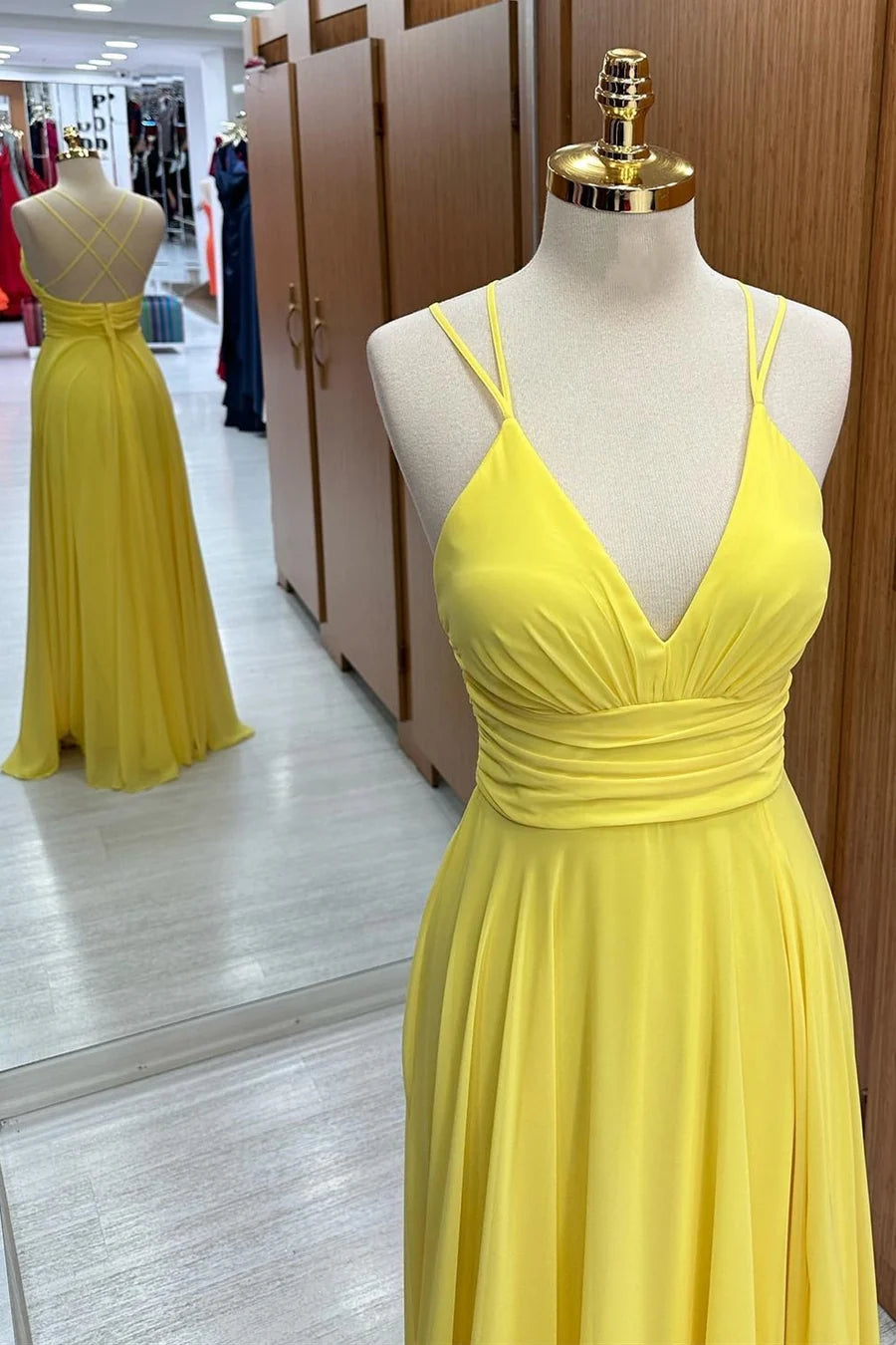 Chiffon Yellow V-Neck Bridesmaid Dress for Summer Wedding Cross Back Mychicdress