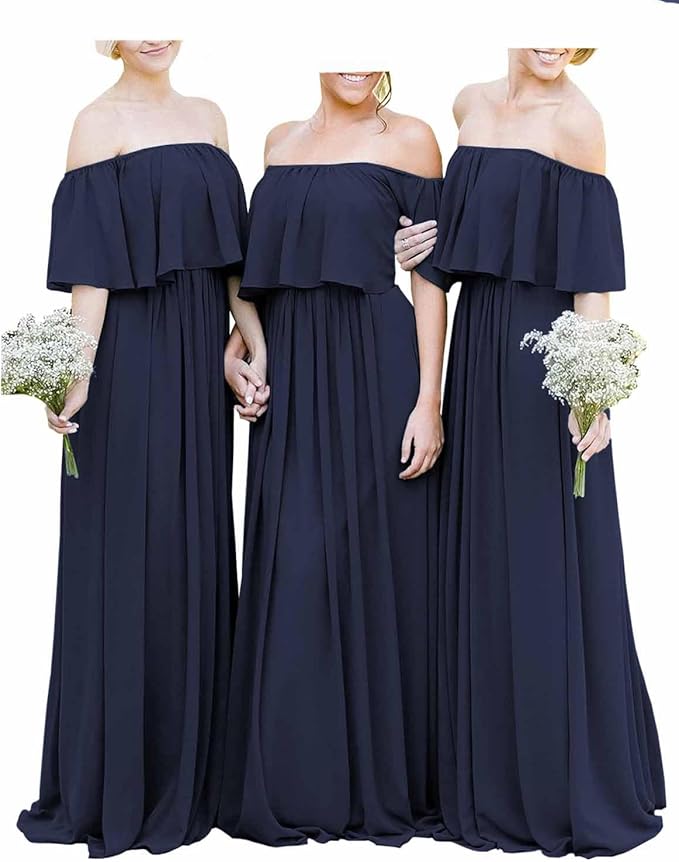 Vestidos longos baratos fora do ombro em chiffon cor de vinho Boho para dama de honra