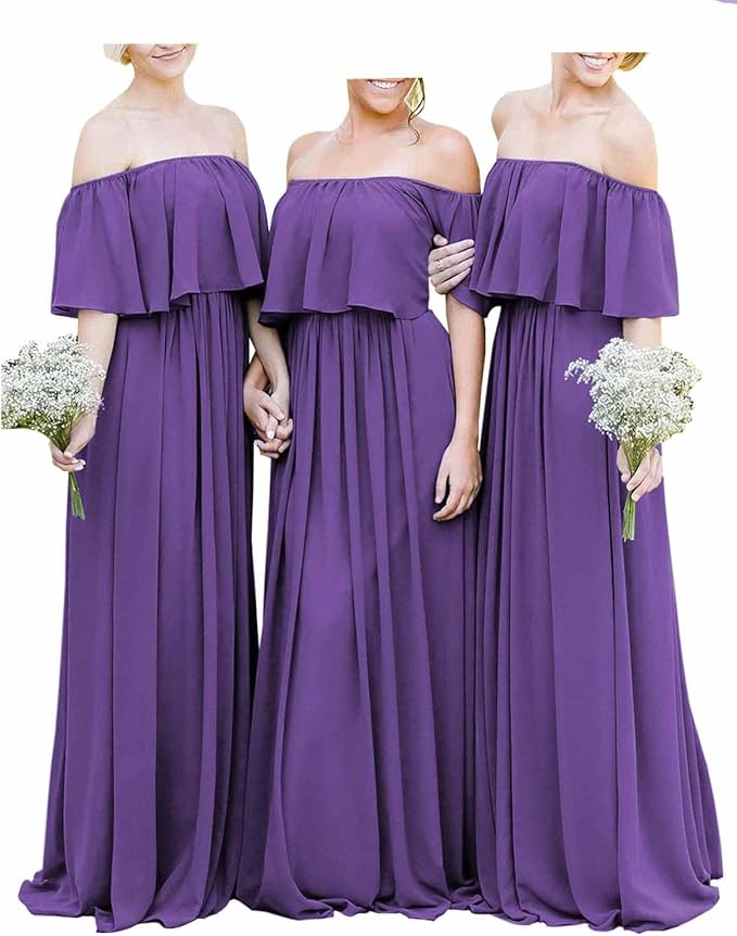 Vestidos longos baratos fora do ombro em chiffon cor de vinho Boho para dama de honra
