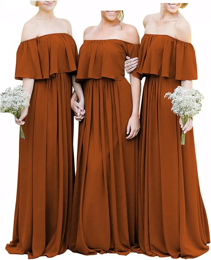 Vestidos longos baratos fora do ombro em chiffon cor de vinho Boho para dama de honra