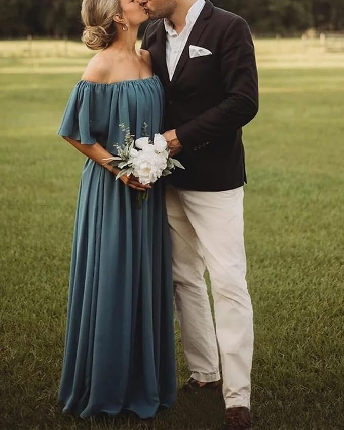 Vestidos longos baratos fora do ombro em chiffon cor de vinho Boho para dama de honra