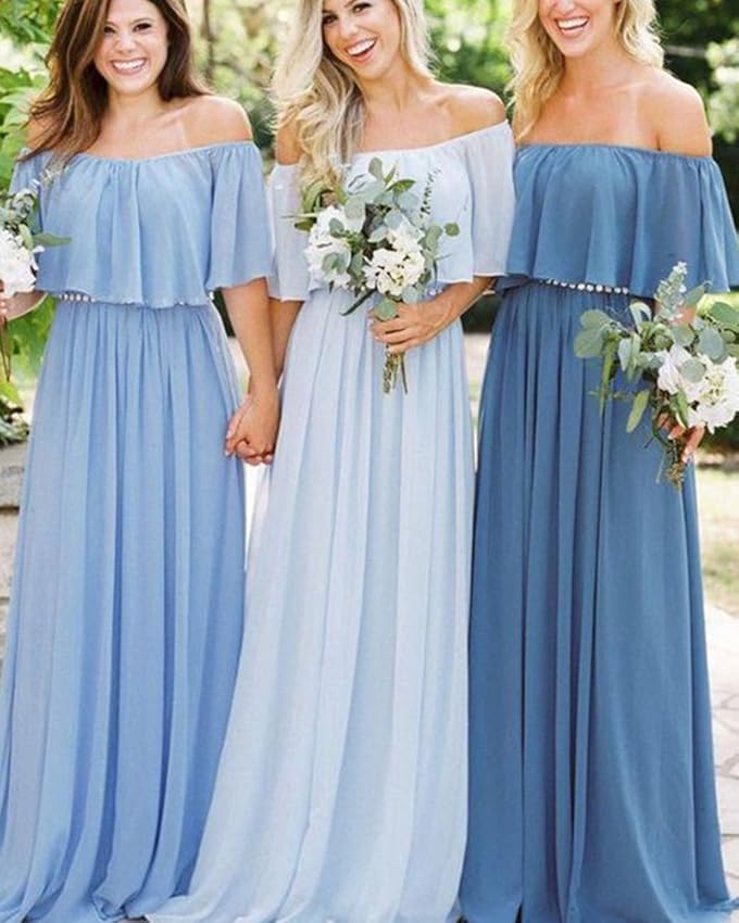 Vestidos longos baratos fora do ombro em chiffon cor de vinho Boho para dama de honra