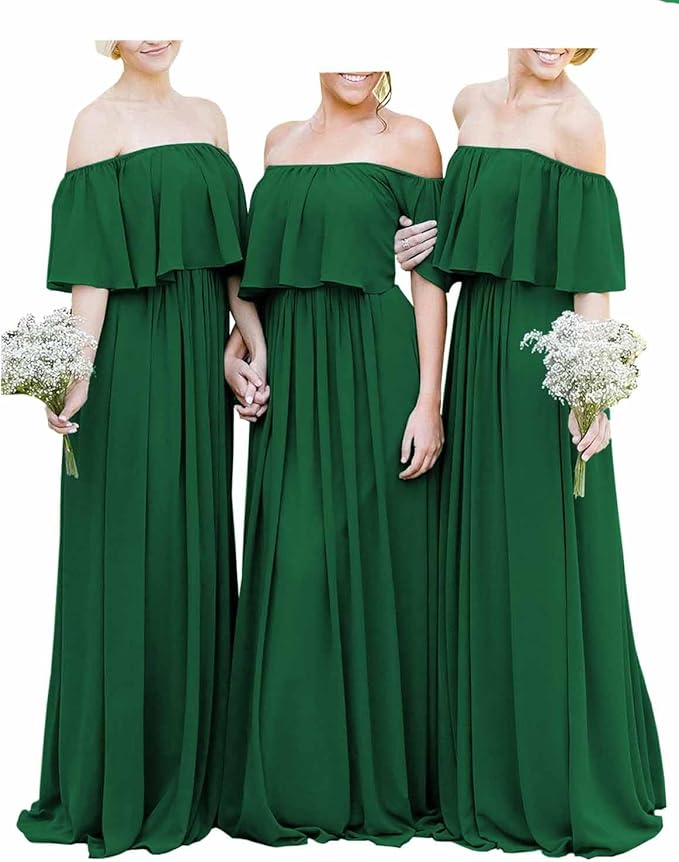 Vestidos longos baratos fora do ombro em chiffon cor de vinho Boho para dama de honra