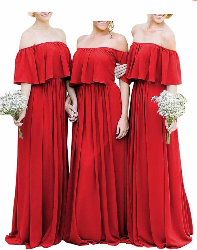 Vestidos longos baratos fora do ombro em chiffon cor de vinho Boho para dama de honra