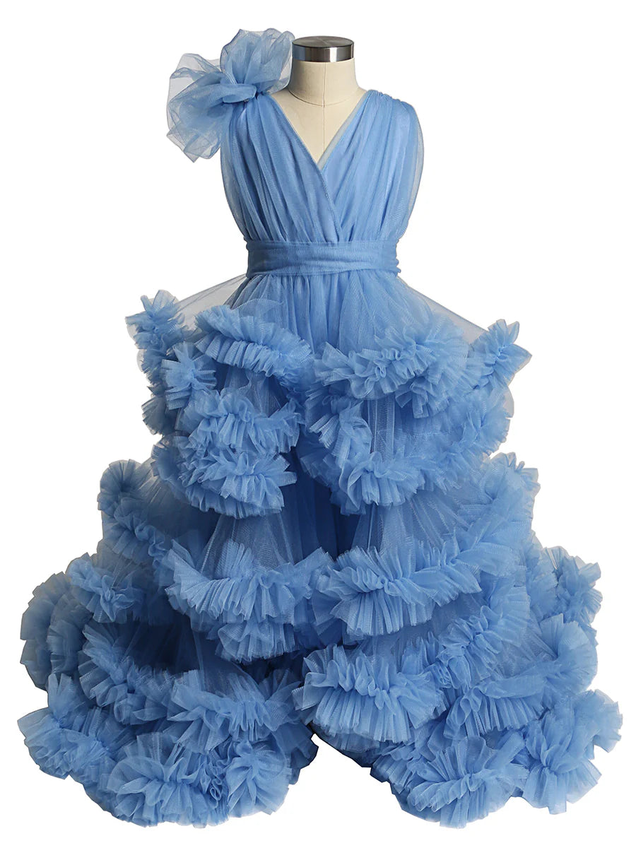 Cloud Ruffles Little blue Flower Girls Dresses Baby Shower Photoshoot Mychicdress