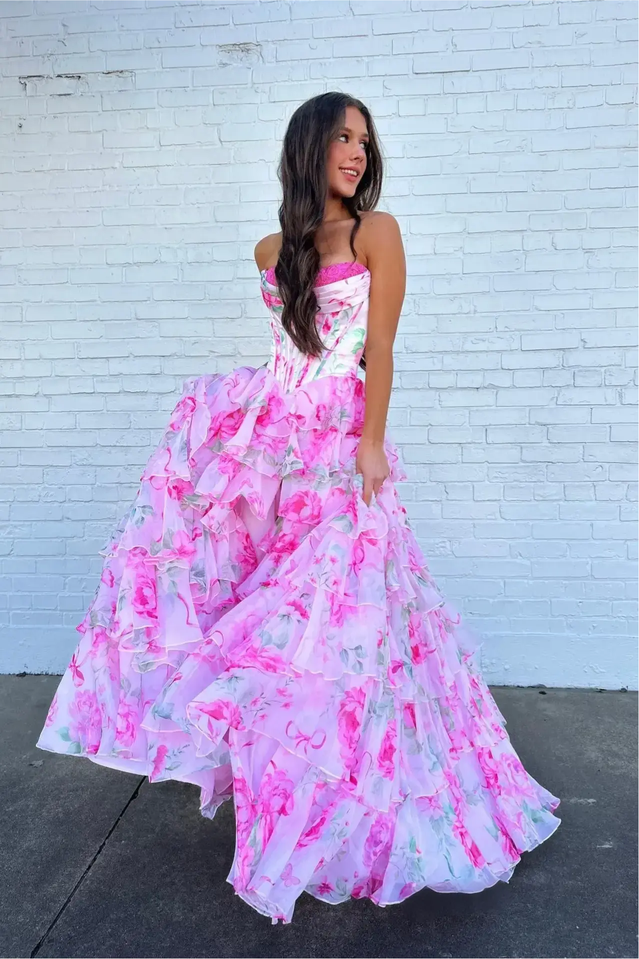 2026 Corset Floral Pink Prom Dresses Sweetheart Layered Ruffle Skirt