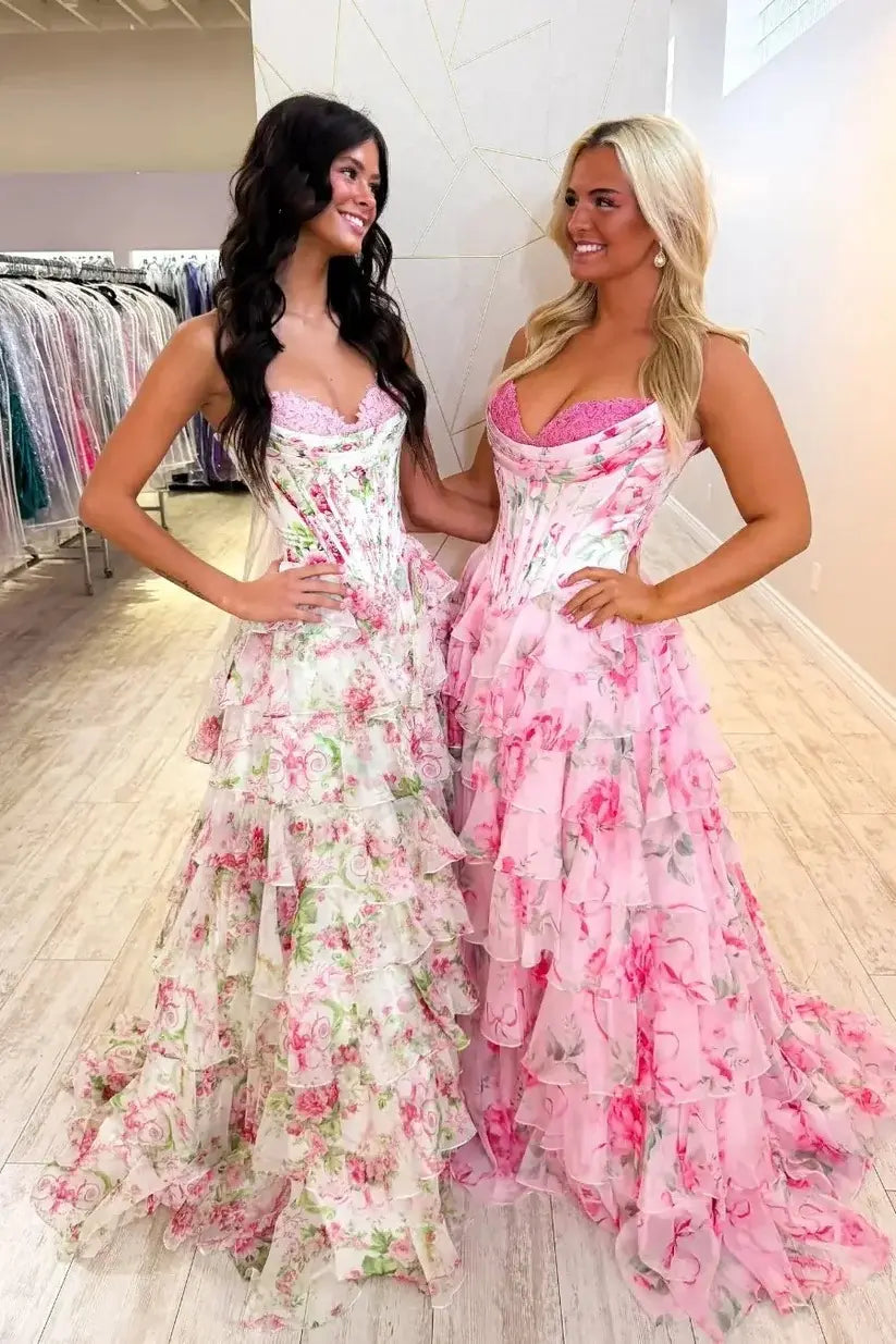 2026 Corset Floral Pink Prom Dresses Sweetheart Layered Ruffle Skirt 