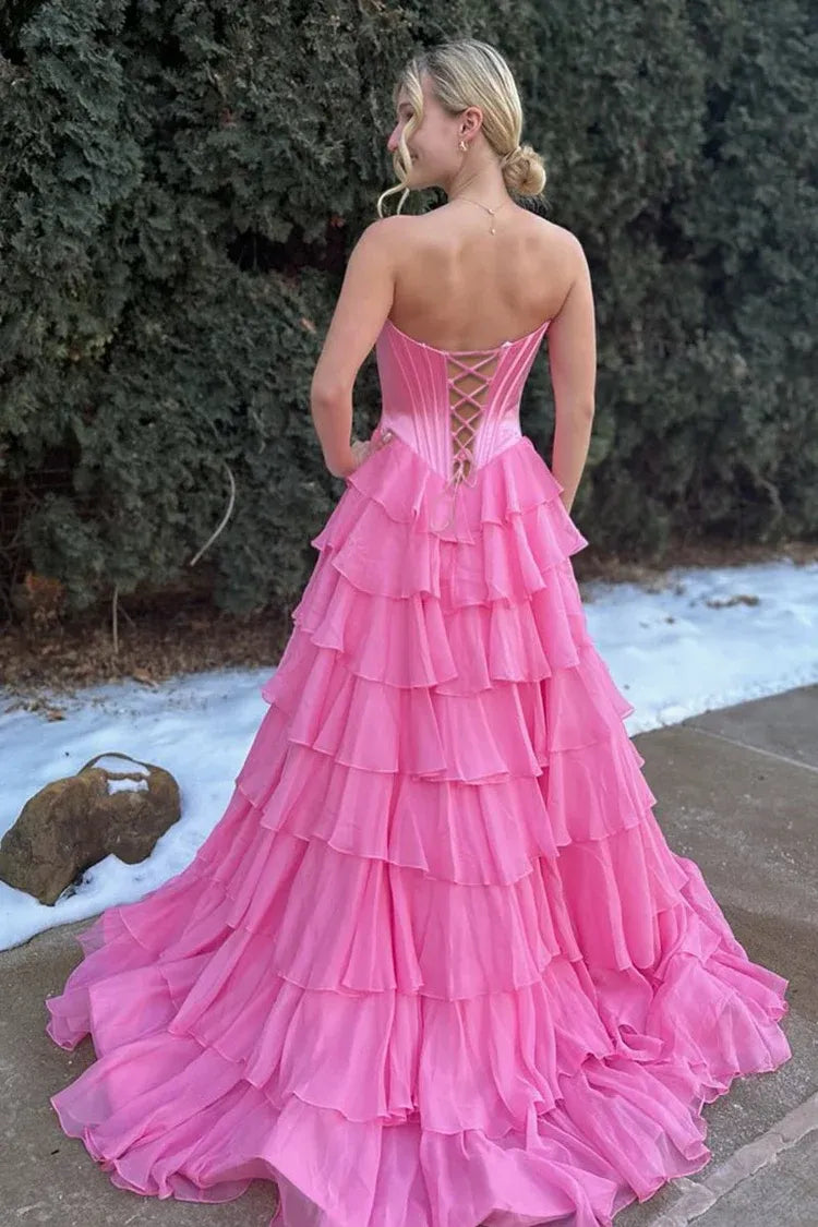 Corset Pink Ruffled Prom Dresses Chiffon Strapless Applique