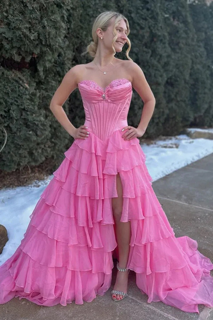 Corset Pink Ruffled Prom Dresses Chiffon Strapless Applique