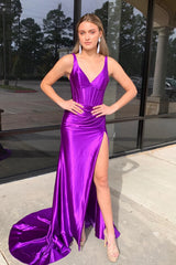 Corset Purple Formal Wear V Neck Pleated Prom Dress Tight with Slit