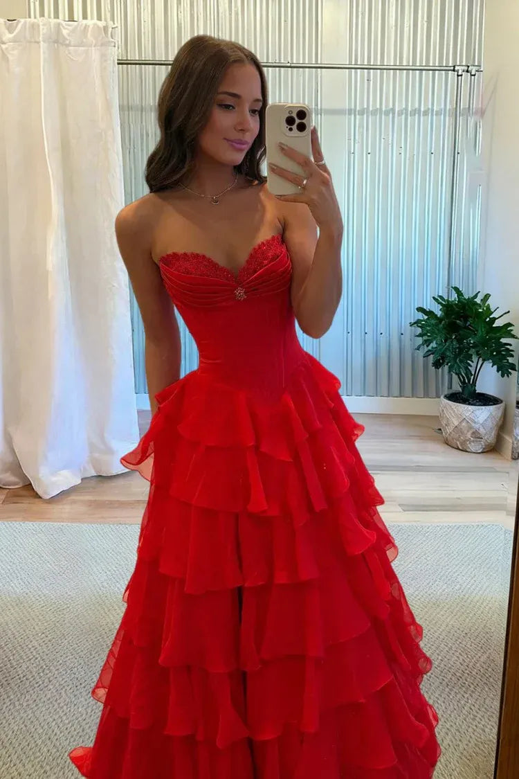 Corset red Ruffled Prom Dresses Chiffon Strapless Applique
