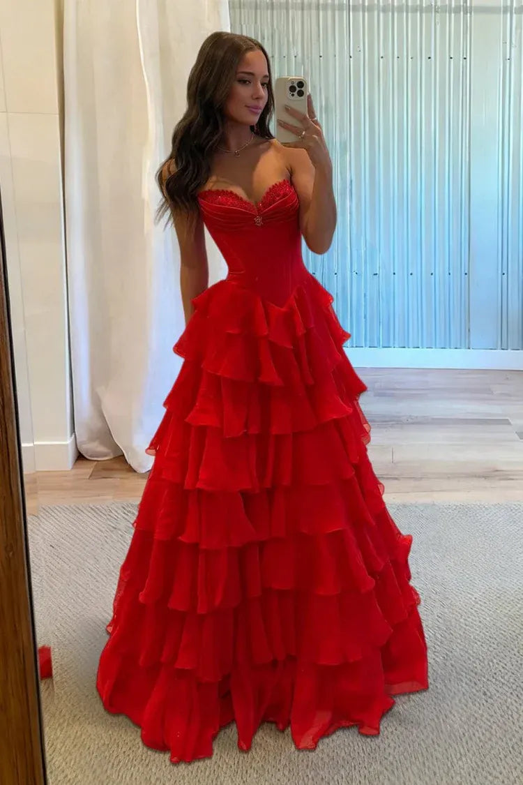 Corset red Ruffled Prom Dresses Chiffon Strapless Applique