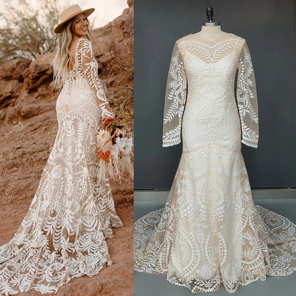 Country Destination Wedding Dress Boho Lace Illusion Mermaid Bridal Gown