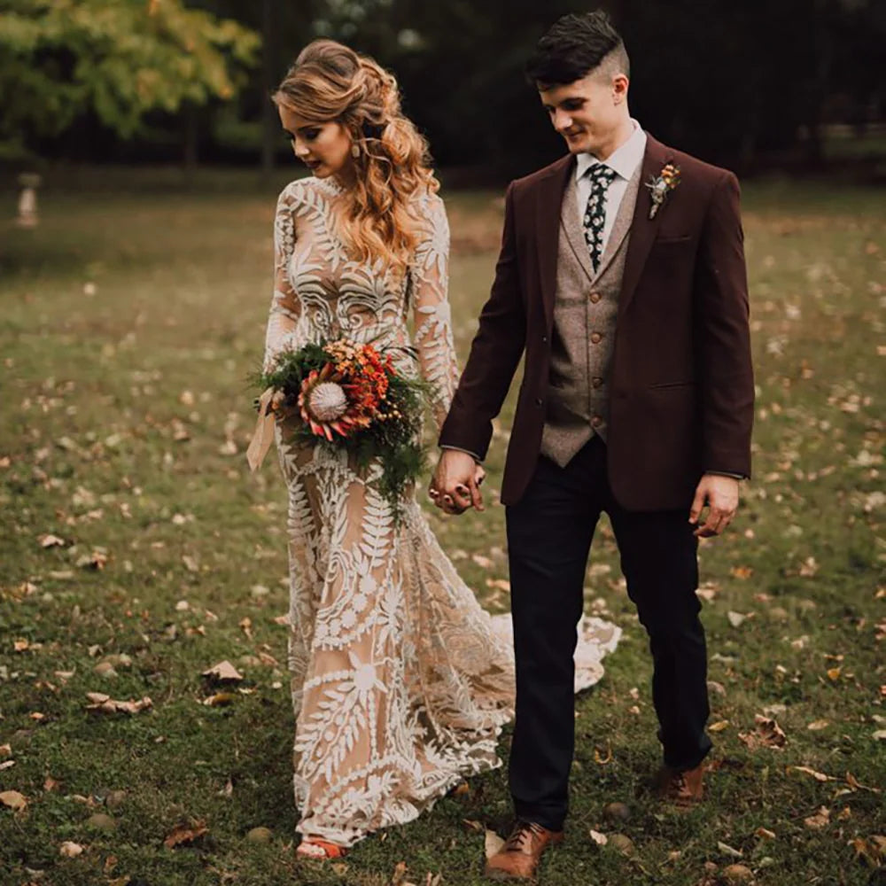 Country Destination Wedding Dress Boho Lace Illusion Mermaid Bridal Gown