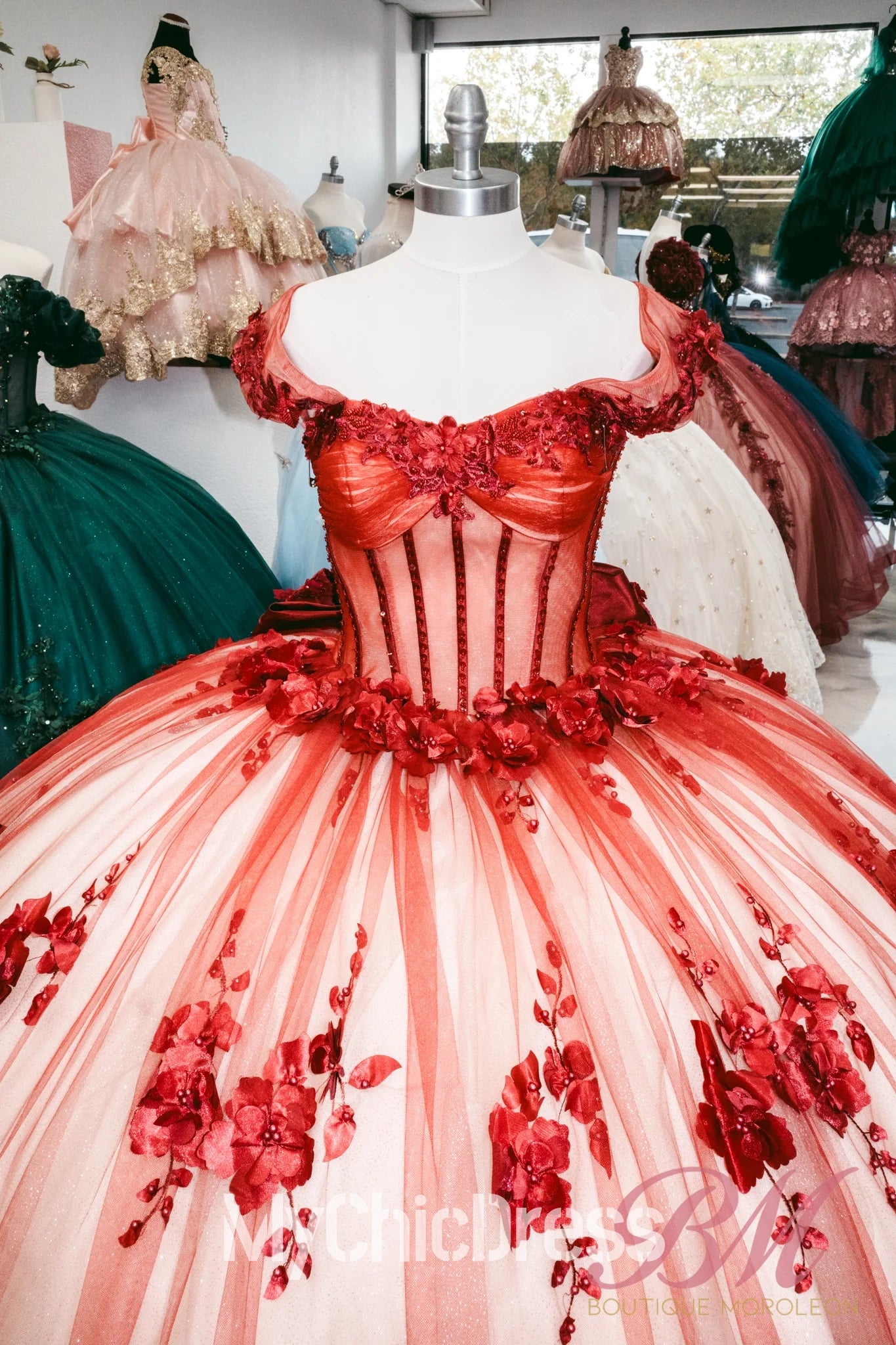 Custom Made Red 15 Dress Ball Gown Quinceanera Dress with Flowers Mychicdress